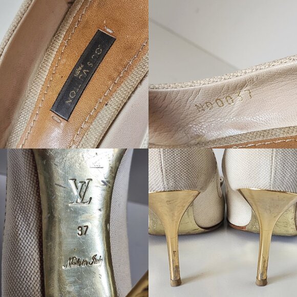 Authentic Louis Vuitton "Love" Cream Denim Canvas & Gold Metallic Peep-toe Pumps - Picture 4 of 10